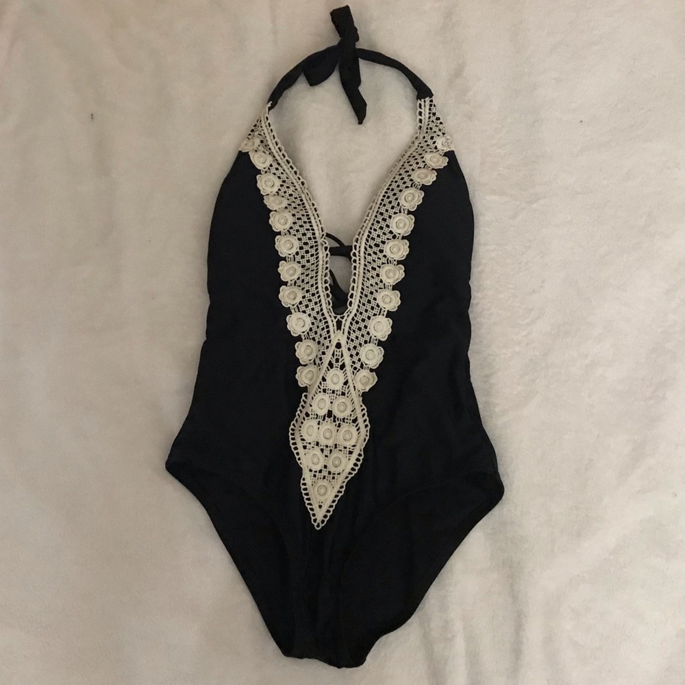 Women’s Crochet Trim Plunge One Piece Swimsuit